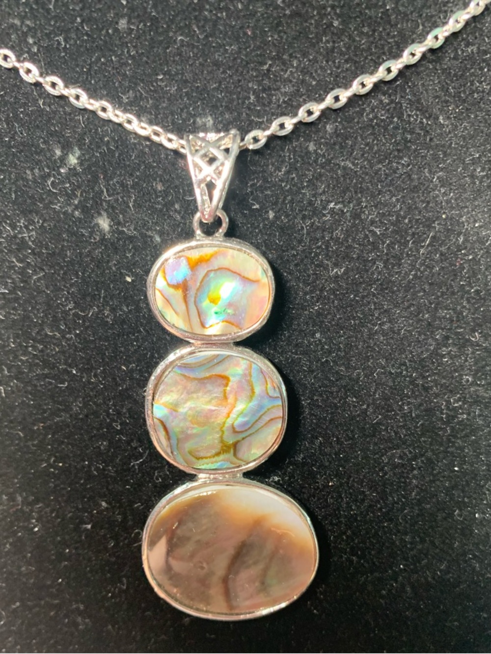 Silver-Tone Triple Abalone Shell Pendant Necklace in Iridescent Color